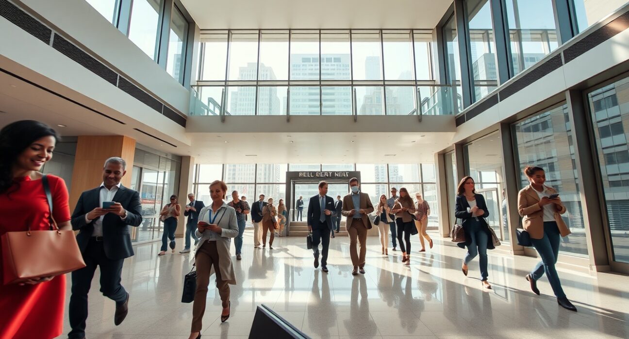 Busy lobby of a modern US commercial office building with professionals walking, representing steady service sector activity.