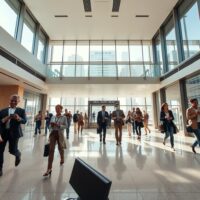 Busy lobby of a modern US commercial office building with professionals walking, representing steady service sector activity.