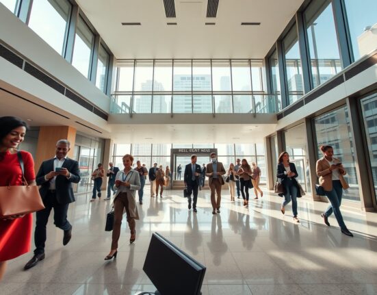 Busy lobby of a modern US commercial office building with professionals walking, representing steady service sector activity.