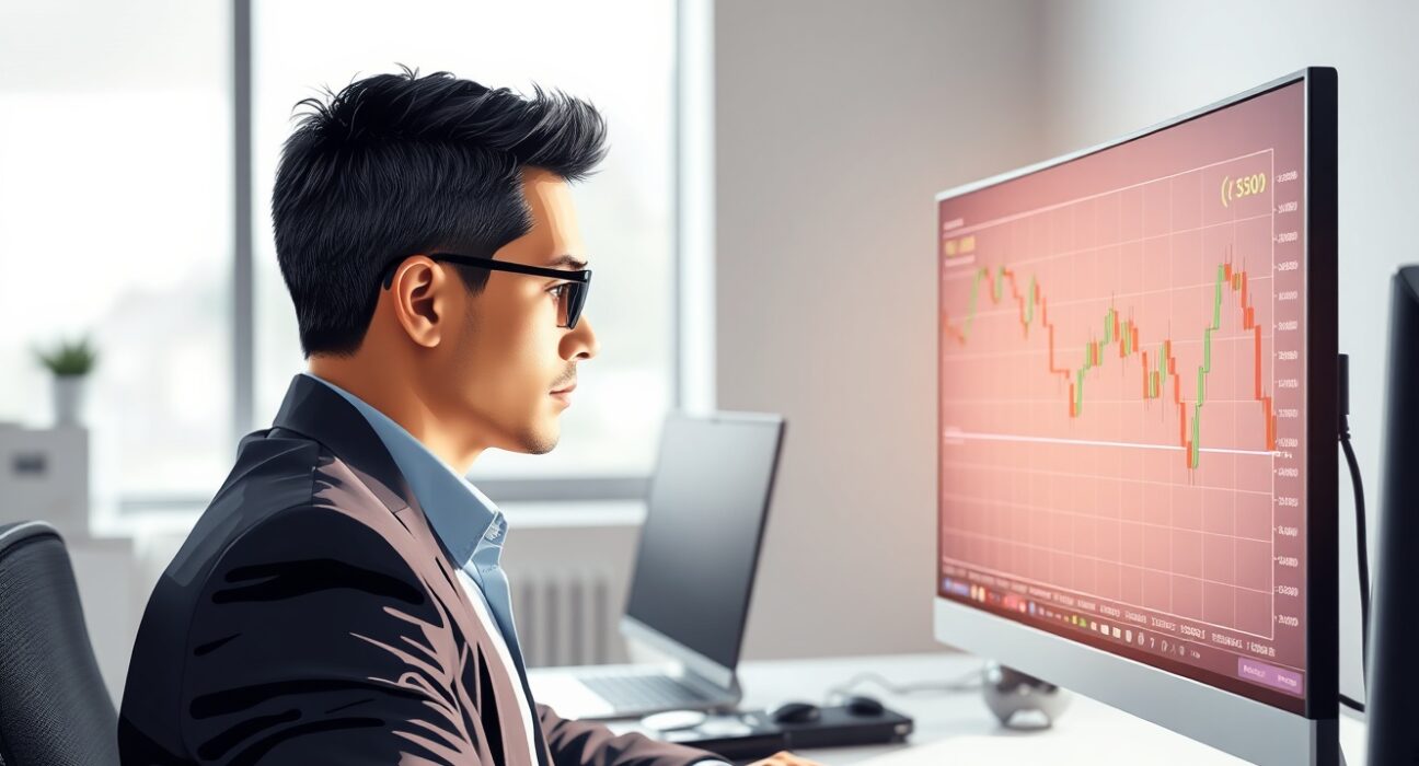 Financial analyst monitoring EUR/USD chart ahead of crucial US ISM Services PMI data release