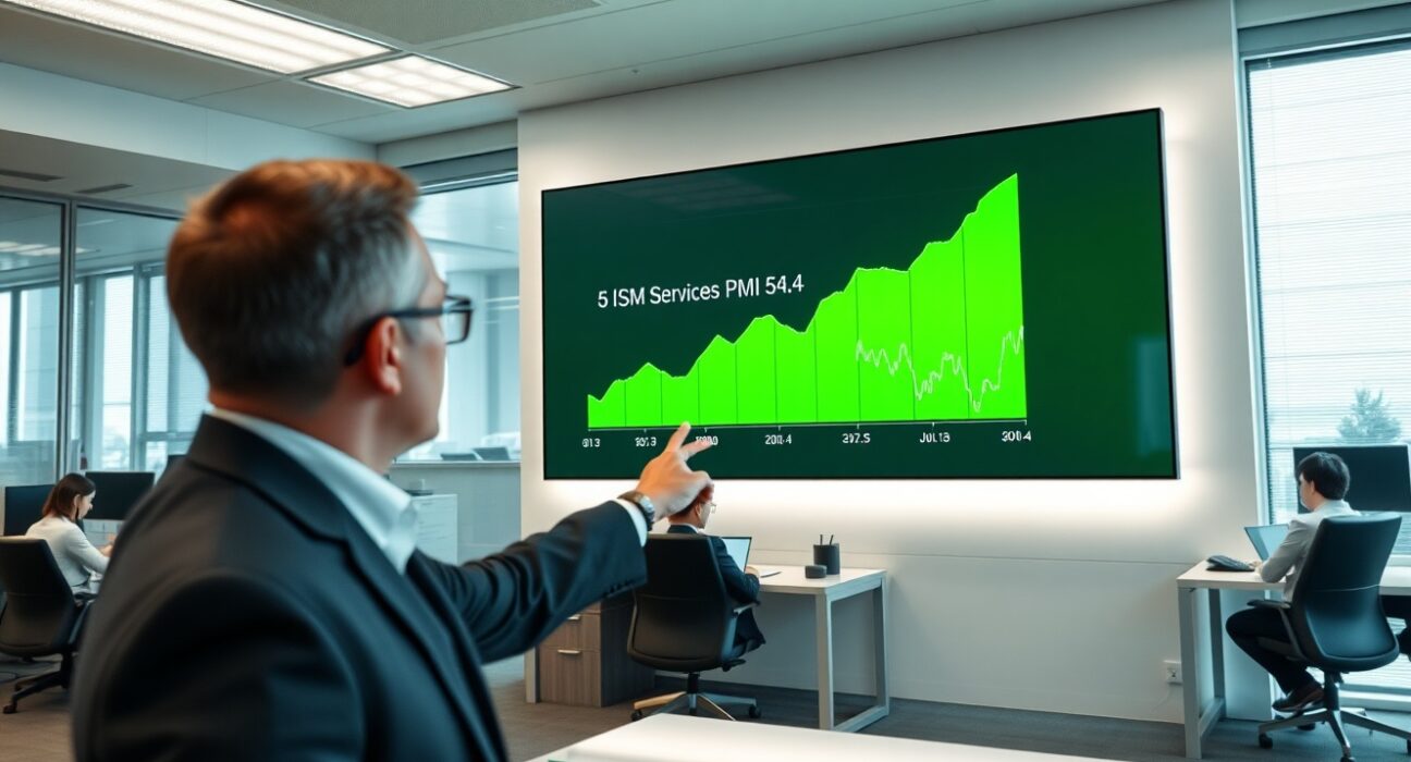 Financial analyst pointing to digital screen showing ISM Services PMI chart with a reading of 54.4.