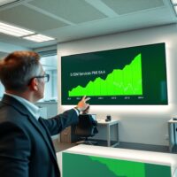 Financial analyst pointing to digital screen showing ISM Services PMI chart with a reading of 54.4.