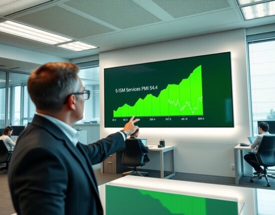 Financial analyst pointing to digital screen showing ISM Services PMI chart with a reading of 54.4.