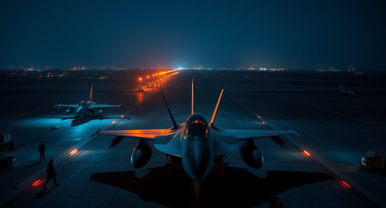 Military aircraft on a runway at night in the Middle East, signaling potential operations.