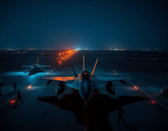 Military aircraft on a runway at night in the Middle East, signaling potential operations.