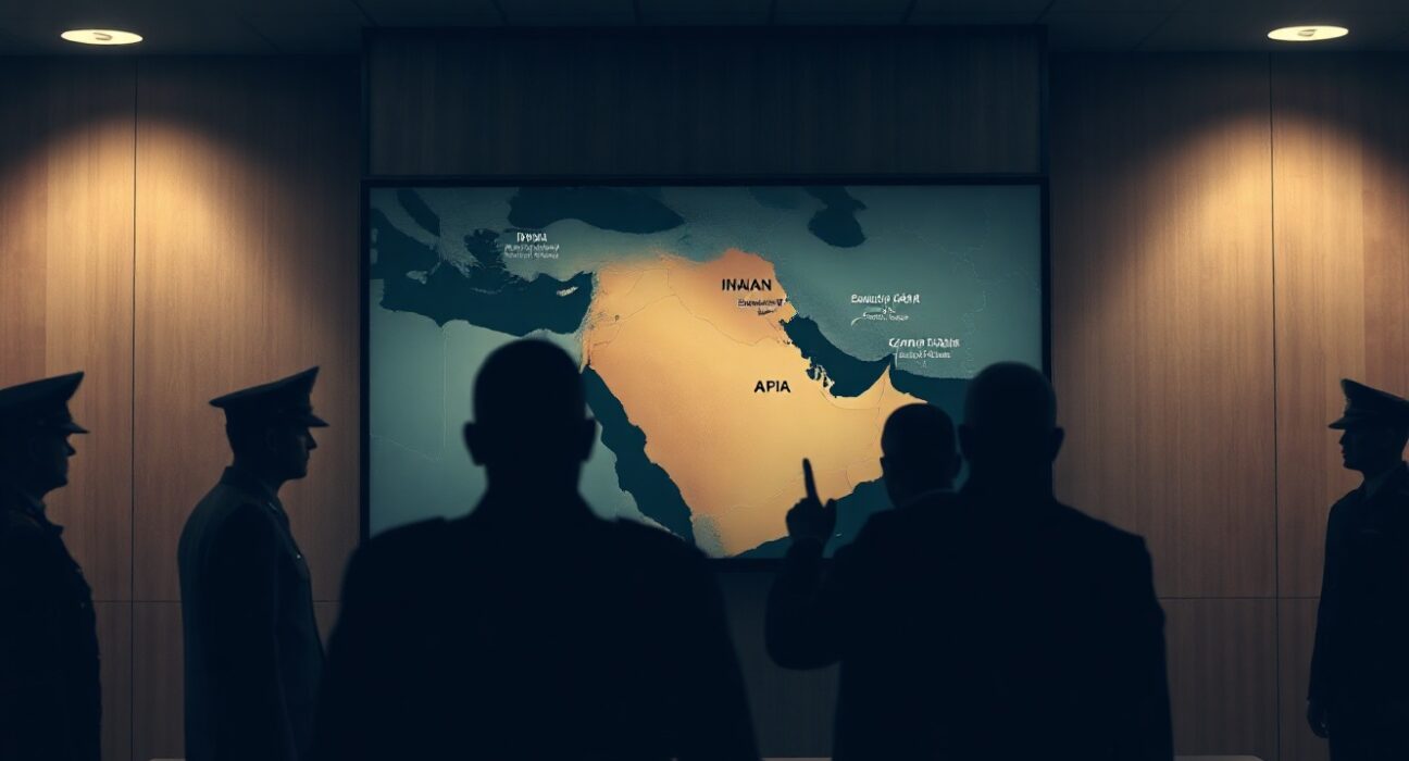 US and Israeli officials in a situation room reviewing a map of Iran's energy infrastructure