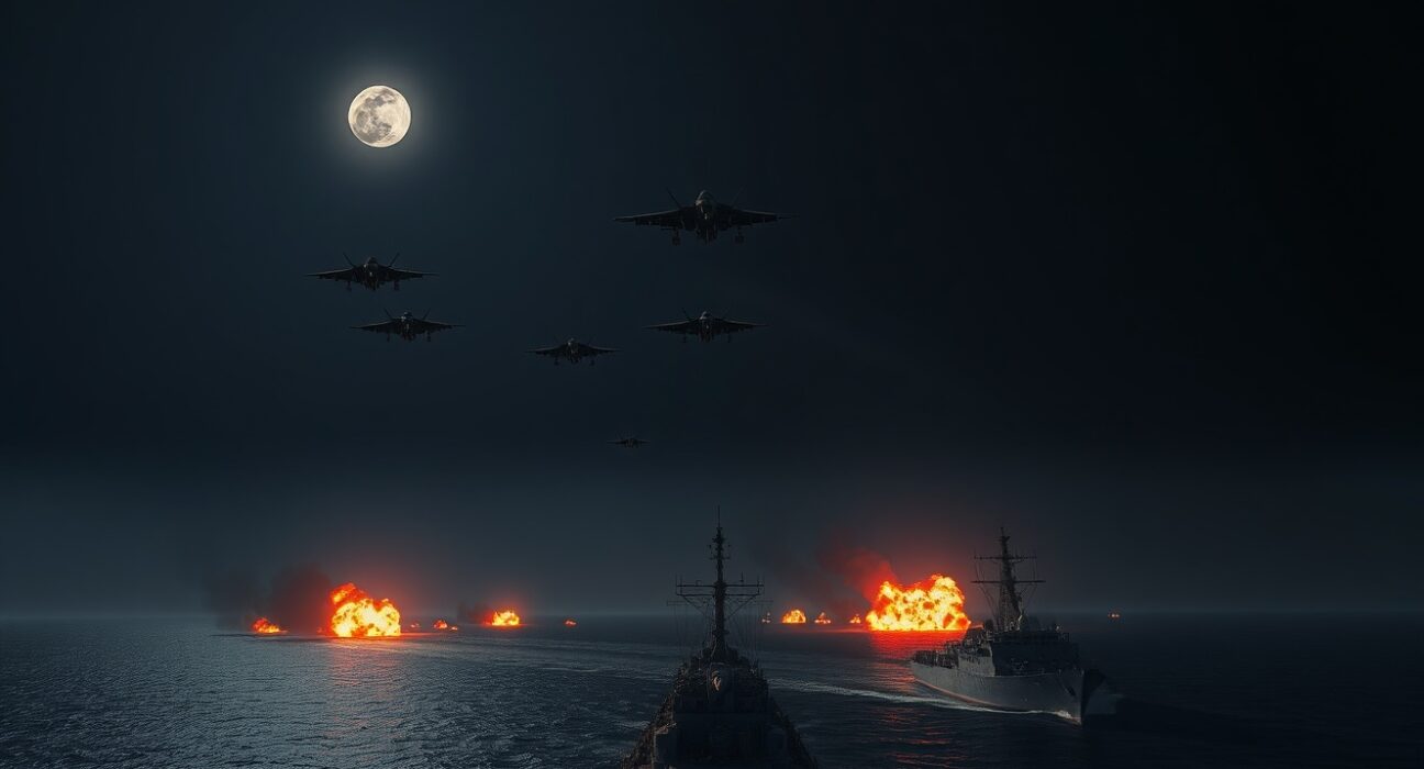 Fighter jets over the Strait of Hormuz with explosions on the water during US-Israeli airstrikes on Iranian vessels.