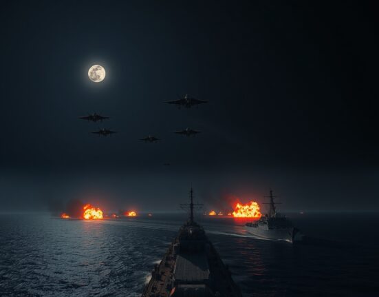 Fighter jets over the Strait of Hormuz with explosions on the water during US-Israeli airstrikes on Iranian vessels.