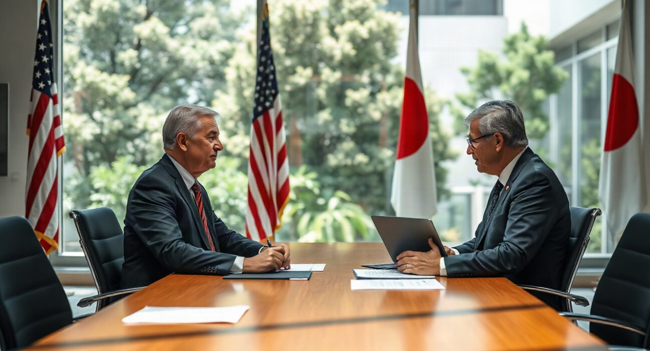 U.S. and Japanese officials in a currency policy meeting, with flags in background