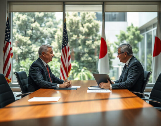 U.S. and Japanese officials in a currency policy meeting, with flags in background
