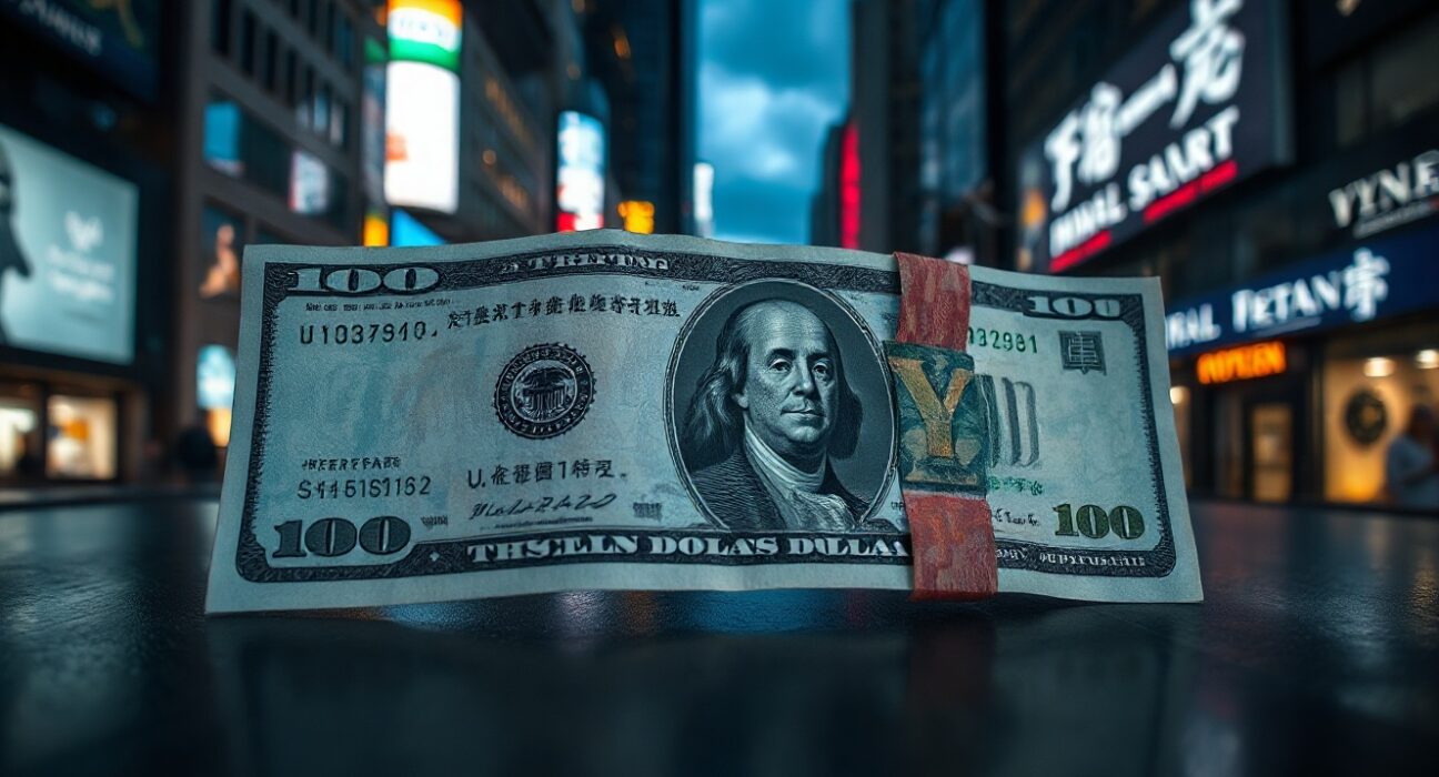 U.S. dollar and Japanese yen notes with a symbolic crack on the dollar, representing eroding dominance