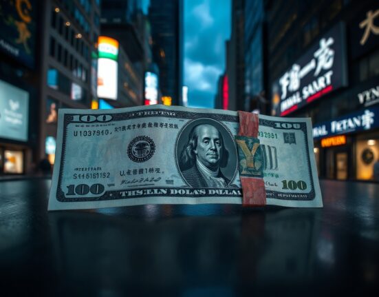 U.S. dollar and Japanese yen notes with a symbolic crack on the dollar, representing eroding dominance