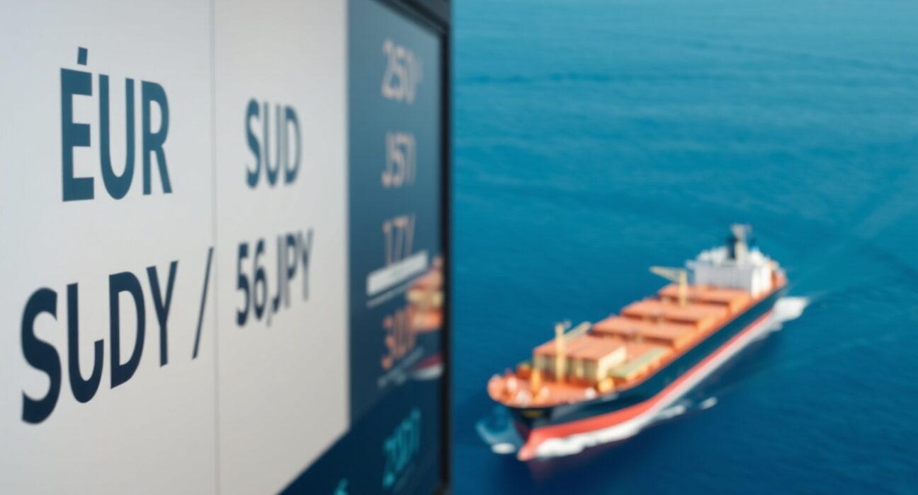 Currency exchange board showing EUR/USD and USD/JPY rates alongside a tanker in the Strait of Hormuz