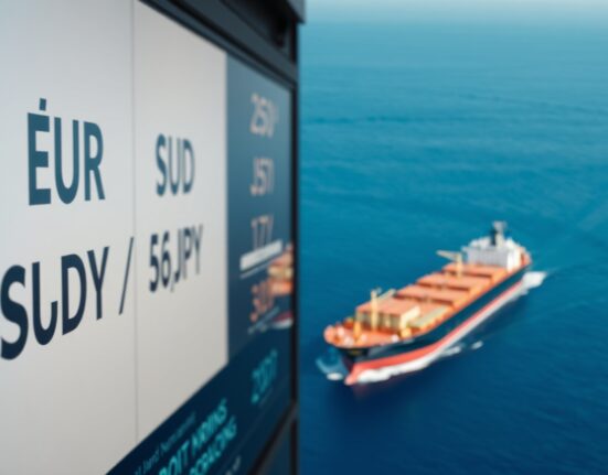 Currency exchange board showing EUR/USD and USD/JPY rates alongside a tanker in the Strait of Hormuz