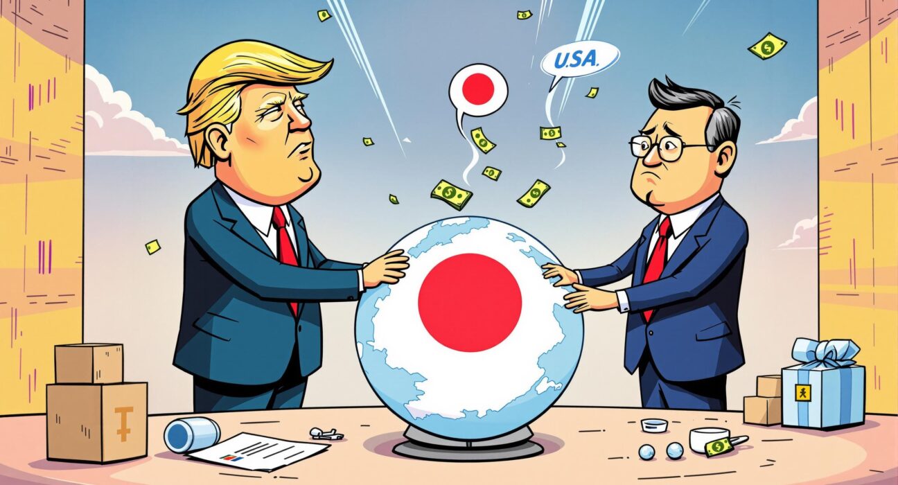 Cartoon illustration showing a US Japan trade deal, symbolizing tariffs and investment between the two nations.