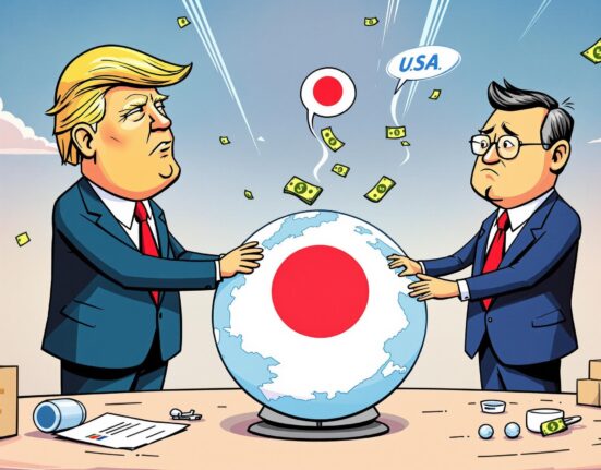 Cartoon illustration showing a US Japan trade deal, symbolizing tariffs and investment between the two nations.