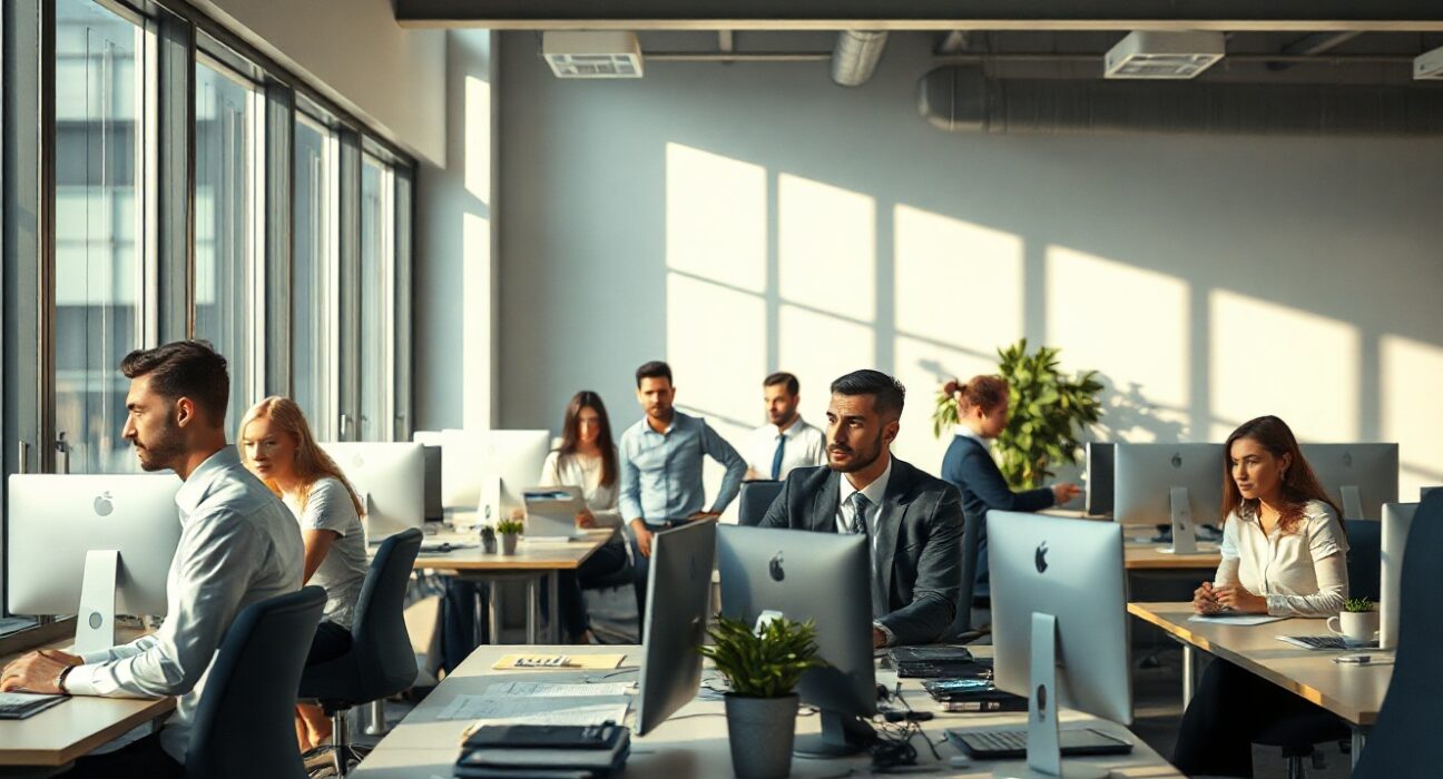 Office workers at desks in a modern workplace, representing US employment trends
