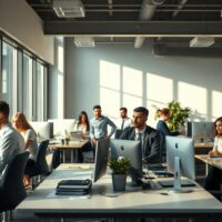 Office workers at desks in a modern workplace, representing US employment trends