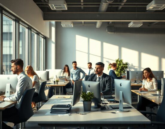 Office workers at desks in a modern workplace, representing US employment trends