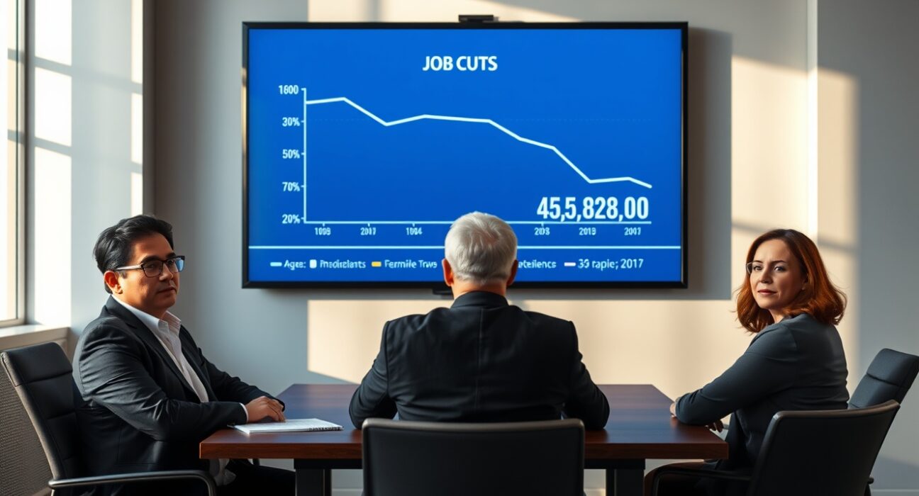 Business professionals reviewing a chart showing a decline in US job cuts to 45,849 in June 2025