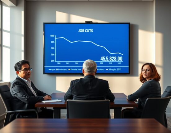 Business professionals reviewing a chart showing a decline in US job cuts to 45,849 in June 2025