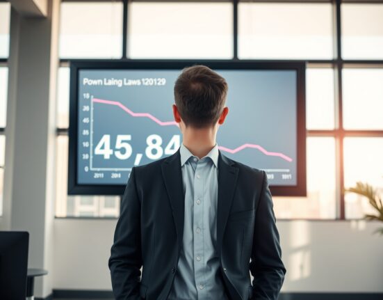 Businessperson viewing a digital display showing a decline in job cuts to 45,849 in June 2025