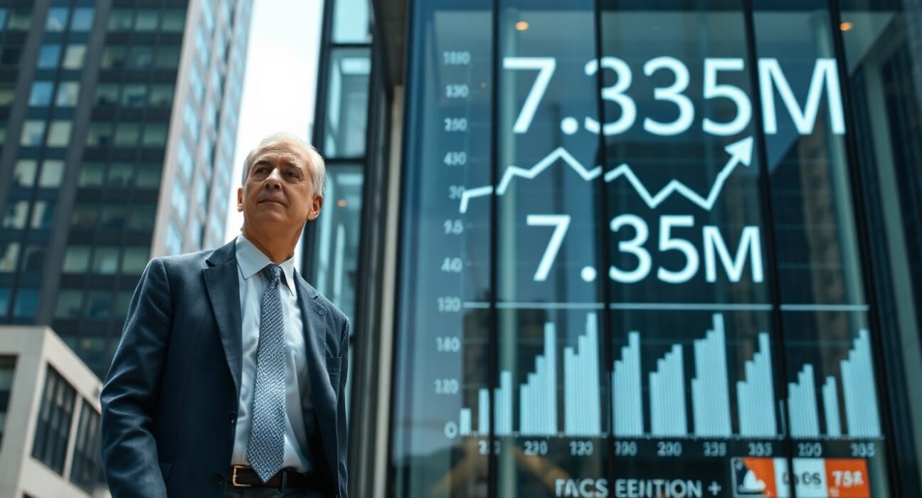 Businessperson walking past a building with a reflection of a declining jobs chart, representing the June JOLTS report.