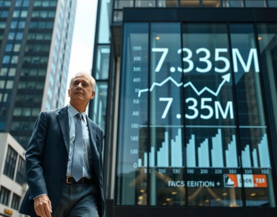 Businessperson walking past a building with a reflection of a declining jobs chart, representing the June JOLTS report.