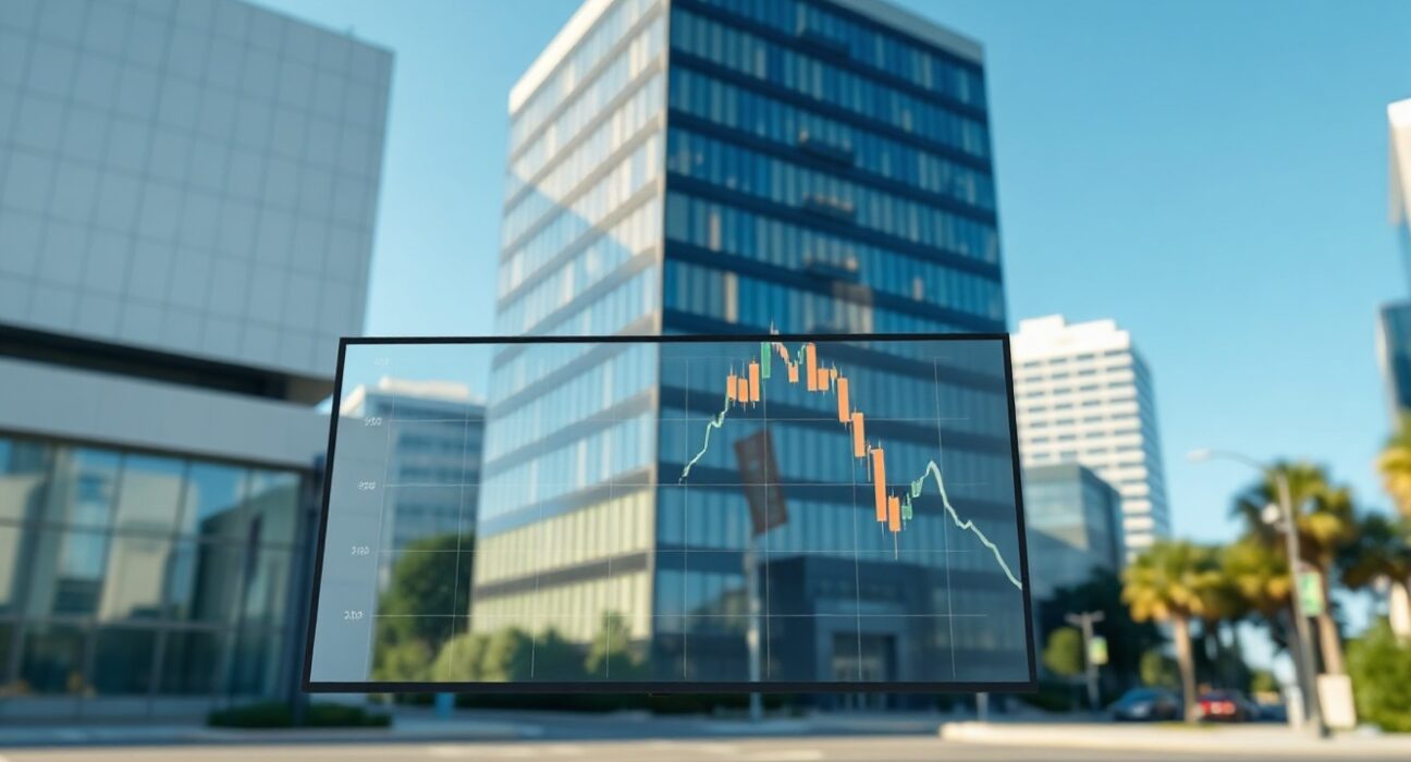 Modern office building with a computer screen showing a downward trend chart, representing declining jobless claims.