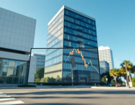 Modern office building with a computer screen showing a downward trend chart, representing declining jobless claims.
