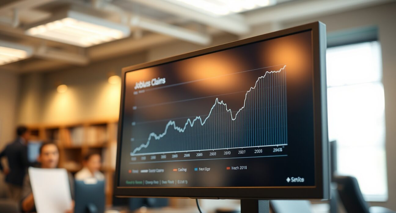 Computer monitor displaying a chart of rising weekly jobless claims data in a professional office setting.