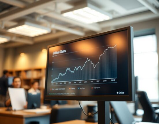 Computer monitor displaying a chart of rising weekly jobless claims data in a professional office setting.