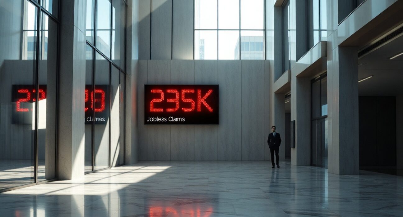 Digital display showing US jobless claims at 225,000 in a financial district office lobby