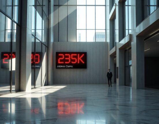 Digital display showing US jobless claims at 225,000 in a financial district office lobby