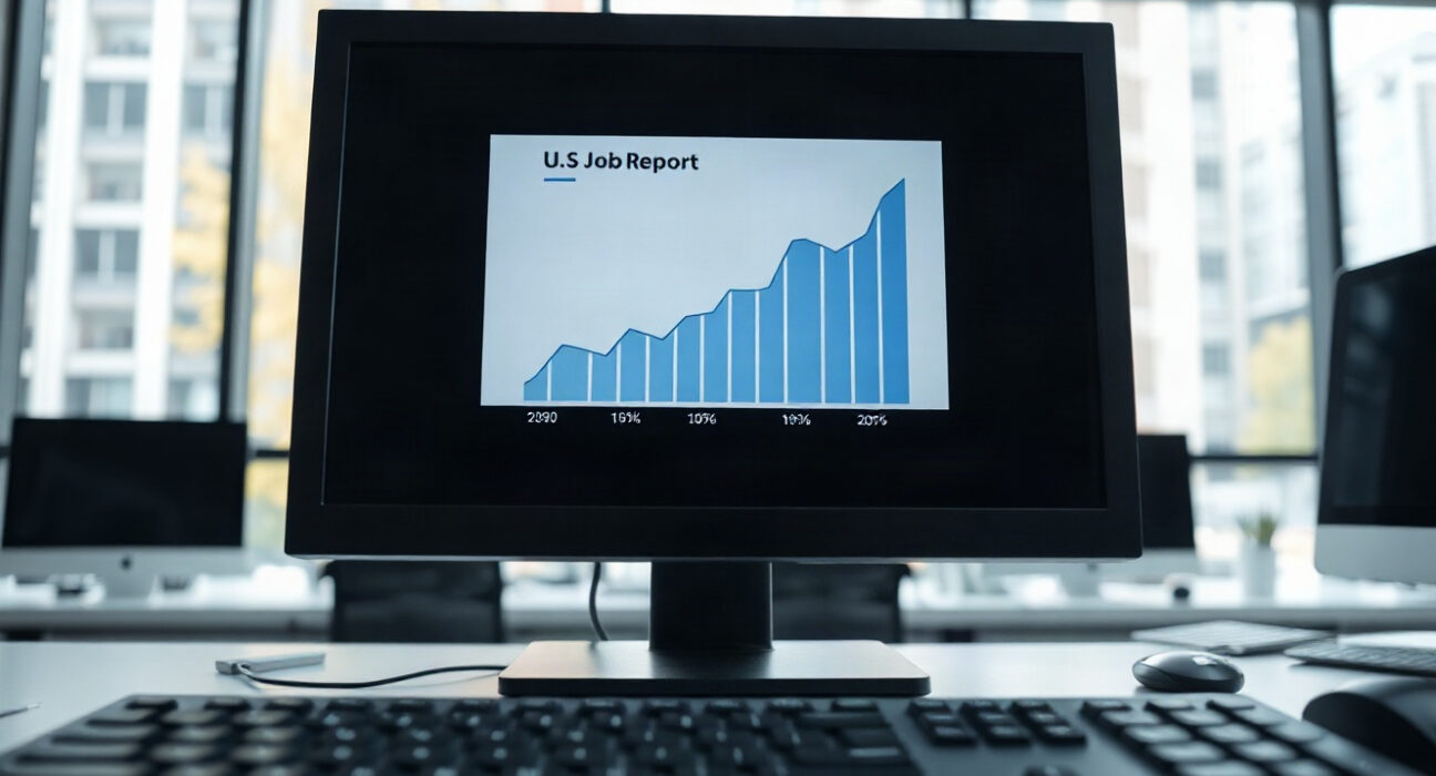 Analyst reviewing US jobs report on computer screen in office