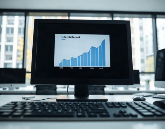 Analyst reviewing US jobs report on computer screen in office