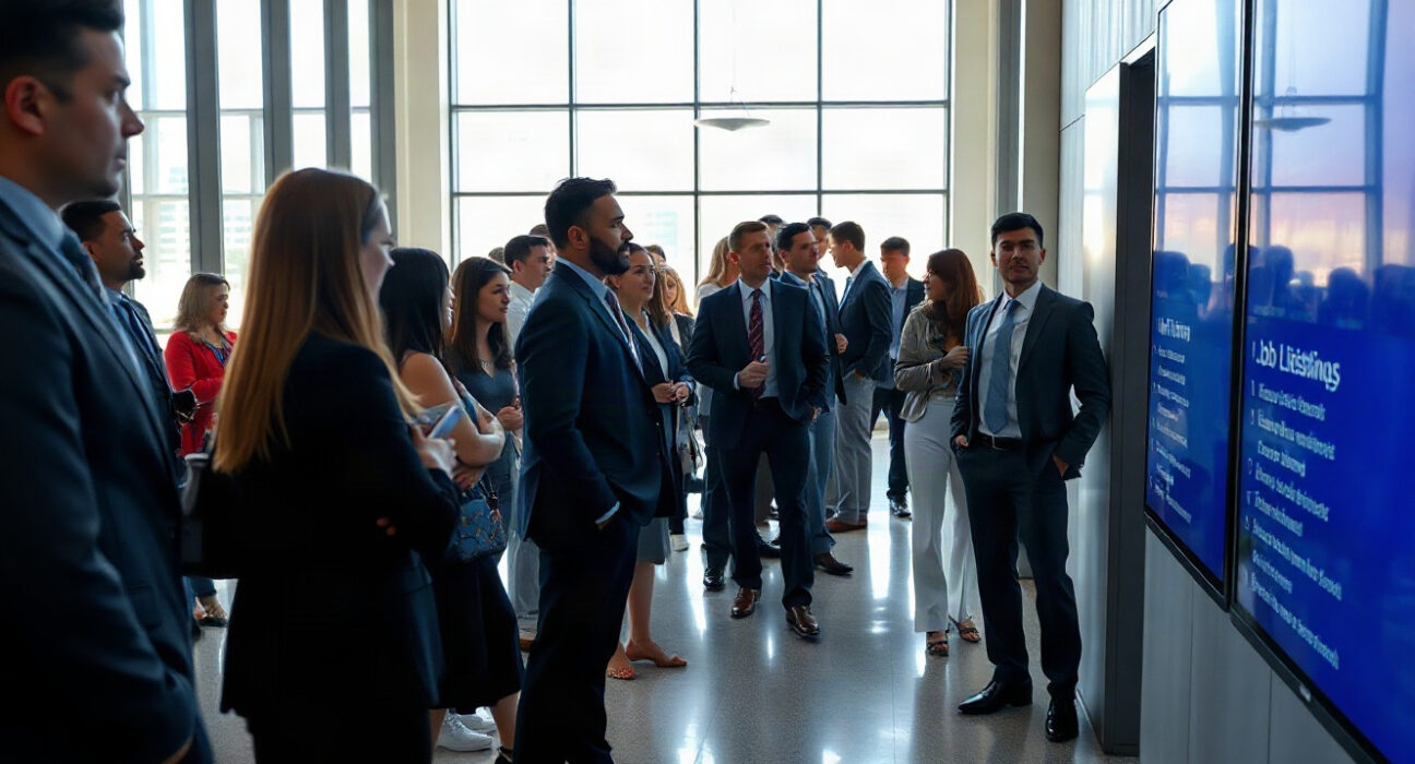 Job seekers and recruiters at a modern job fair, reflecting the latest US labor market data