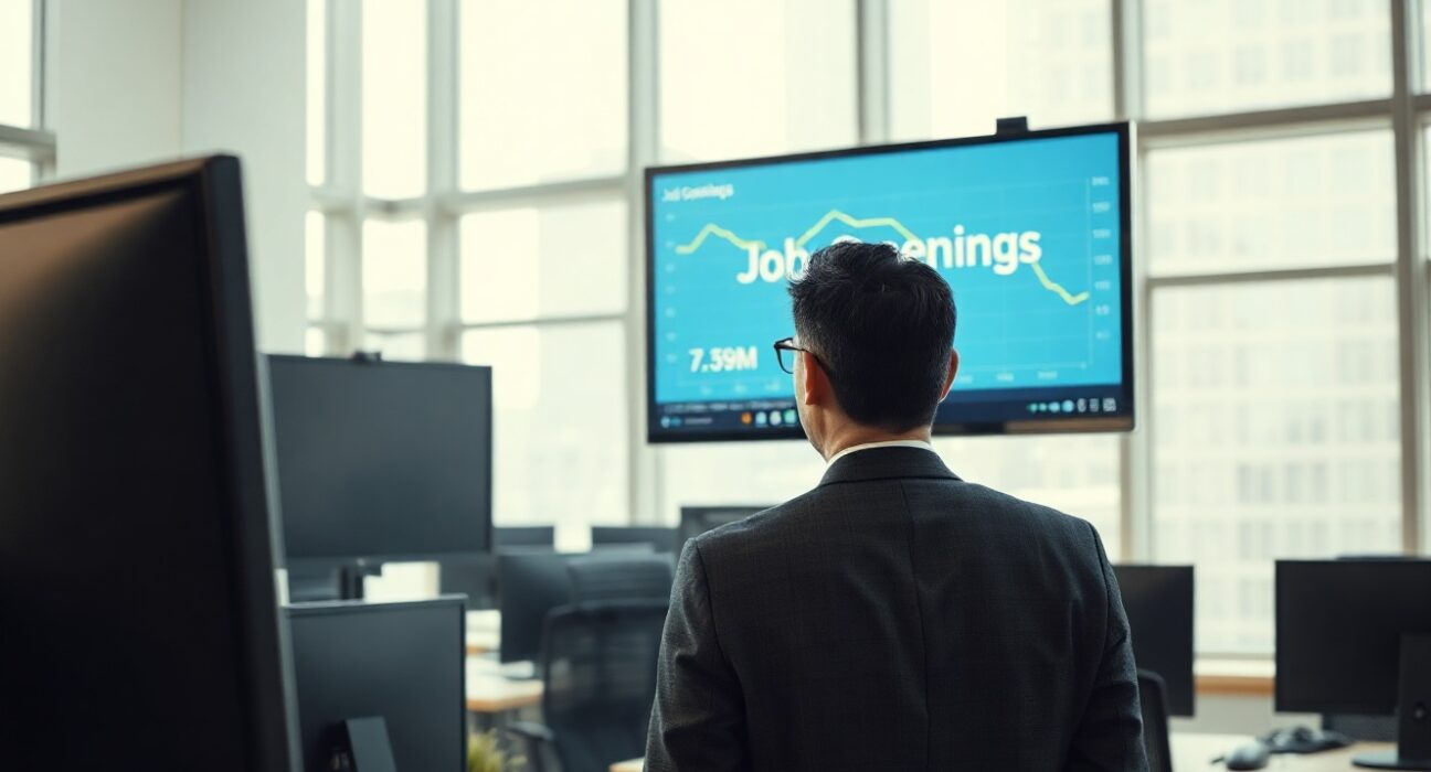 Financial analyst reviewing a screen showing US job openings data with a downward trend
