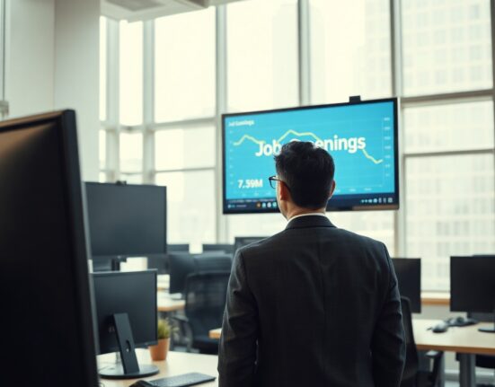 Financial analyst reviewing a screen showing US job openings data with a downward trend