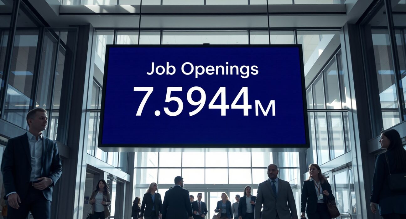 Digital display board showing US job openings at 7.594 million in a corporate lobby