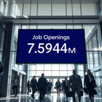 Digital display board showing US job openings at 7.594 million in a corporate lobby