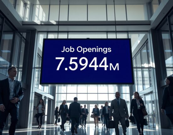 Digital display board showing US job openings at 7.594 million in a corporate lobby