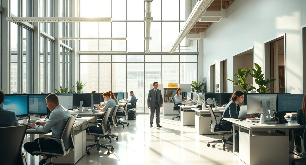 Busy modern office with workers at desks, representing resilient US labor demand.