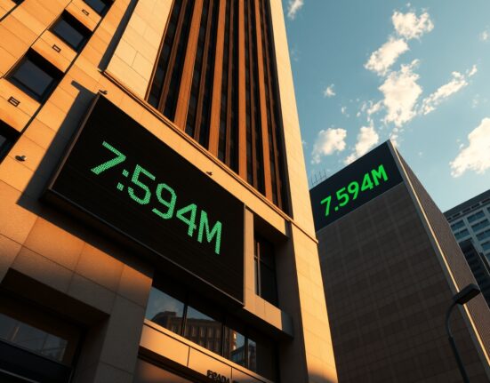 US JOLTS job openings data displayed on a digital sign outside a modern office building.