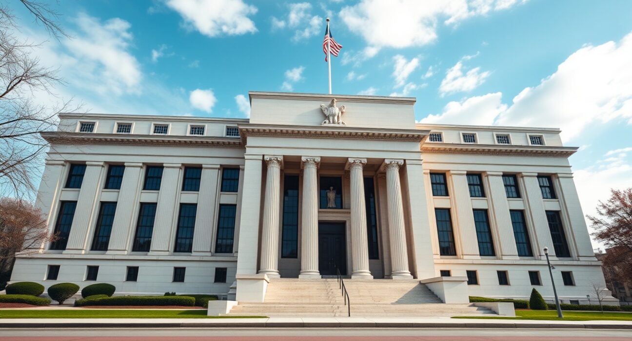 Federal Reserve building in Washington D.C. on a clear morning ahead of JOLTS job openings data release