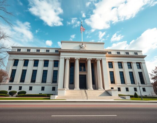 Federal Reserve building in Washington D.C. on a clear morning ahead of JOLTS job openings data release