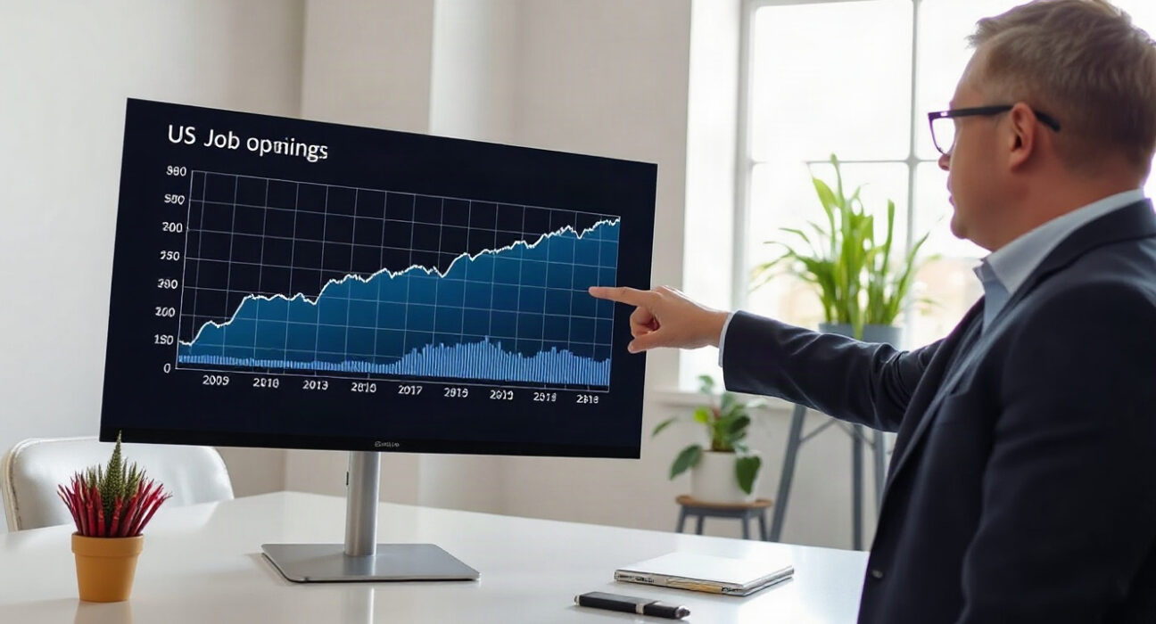 Economist analyzing JOLTS job openings data on a digital screen in a modern office