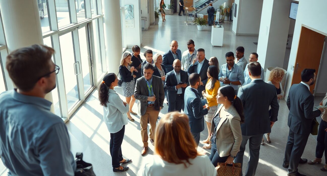 Busy professional office lobby with job seekers and professionals, representing a strong US labor market.