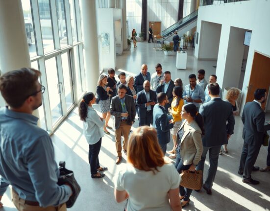Busy professional office lobby with job seekers and professionals, representing a strong US labor market.