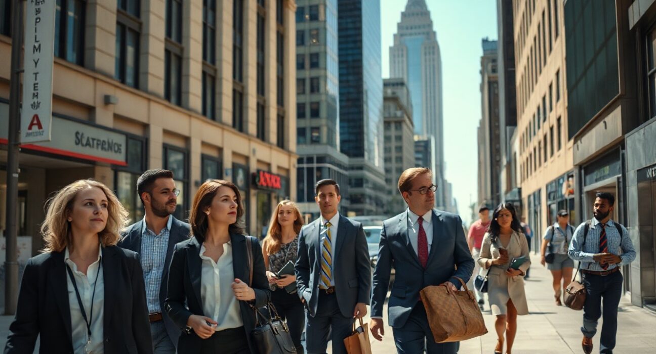 Commuters walking on a city street with a financial district backdrop, representing the July jobs report.